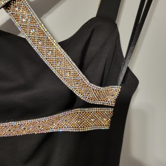 Betsy & Adam Crystal Crossed Straps Black Formal Gown with Cowl Back - Picture 5 of 11